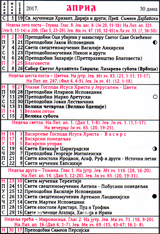 Pravoslaven kalendar 2017